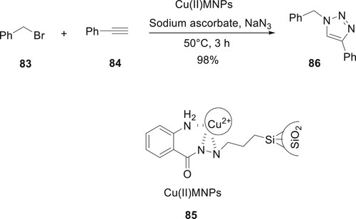 Scheme 14. Synthesis of 1,4-disubstituted-5-arylthiomethyl 1,2,3-triazoles by using Cu(II) MNPs.