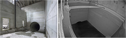 Figure 2. Gauche, vue la chambre de mise en charge à sec avec l’emplacement des deux portes donnant sur le dessableur. Droite, vue de la chambre de mise en charge partiellement remplie.