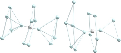 Figure 14. Two structural isomers of the HHe14+ complex, [4–5–3]-HHe14+ (left) and [41–5–2]-HHe14+ (right), with Mulliken charges, obtained at the aug-cc-pVTZ RHF level, given on the atoms (H is white, He is light blue).