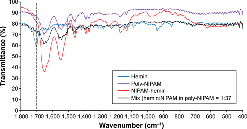 Figure S1 FTIR spectra of a mixture of hemin monomer and poly-NIPAM (MW=66,400 Da).Notes: The molar ratio of hemin and NIPAM in poly-NIPAM was adjusted to 1:37. The broken line shows the peaks attributed to the hemin monomer.Abbreviations: FTIR, Fourier-transform infrared; hemin, ferriprotoporphyrin IX chloride; MW, molecular weight; NIPAM, N-isopropylacrylamide.