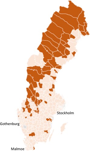 Figure 2. Declining municipalities in Sweden. Notes: There are 290 municipalities in Sweden. Approximately one out of five experience a decline in population during the years 2010–2021 (darker shade). Source: Statistics Sweden.