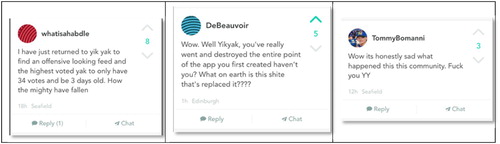 Figure 4. Example yaks posted in response to the removal of anonymity.
