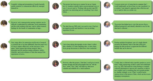 Figure 7. Pop up chats to be integrated into the story maps, comprising reflections on the collaborative process.