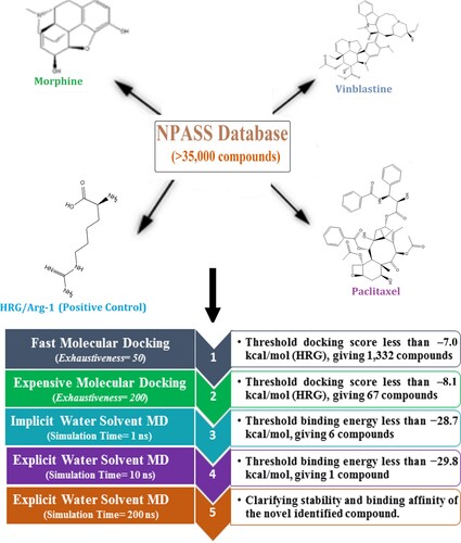 Figure 1. The schematic diagram of the utilized computational approaches in the virtual screening process of the Natural Product Activity and Species Source (NPASS) database.