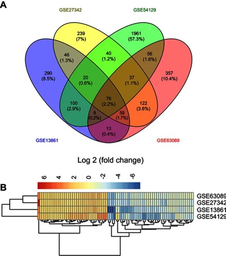 Figure 1 Differently expressed genes in gastric cancer tissues compared with non-tumor tissues. (A) Seventy-six differently expressed genes were identified after integrating results obtained from four GEO gastric cancer-related dataset; (B) Heatmap displays the expression level of 76 differently expressed genes between tumor tissues and non-tumor tissues in four GEO gastric cancer-related dataset.