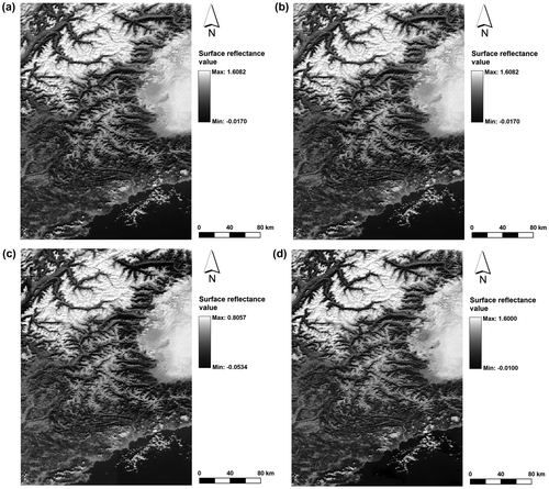 Figure 4. Test area images for A11 (6 November 2002): (a) CMARS, (b) MARS, (c) SMAC and (d) MODIS Level 2G.