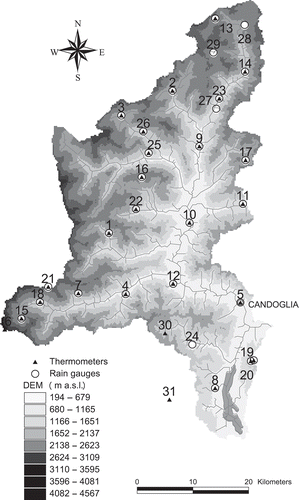 Fig. 1 The Toce watershed extracted from DEM showing locations of the gauging stations.