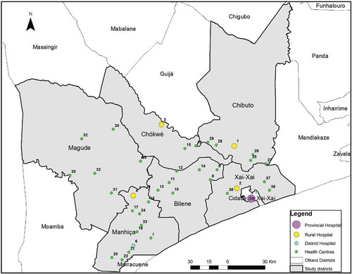 Figure 1. Study setting displaying included districts and health facilities, in Maputo and Gaza provinces, Mozambique.
