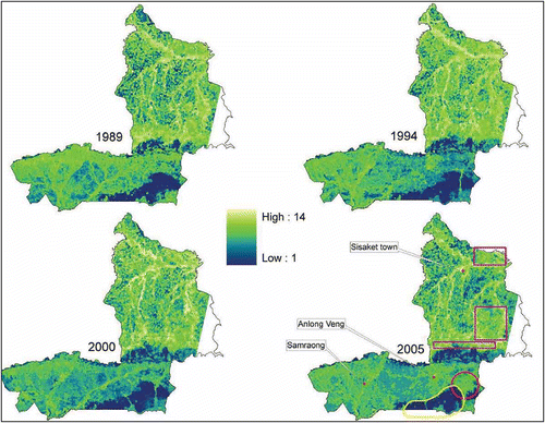 Figure 6. LULC Variety at the meso-scale for 1989, 1994, 2000, and 2005. Distinct patterns can be followed across the landscape. The circle on the 2005 map shows the location of the wedge of deforestation in Ordar Mean Chey, whereas the freeform shows the low LULC diversity of the dense forests, and the rectangles highlight Sisaket's escarpment foothills and three hilly areas.