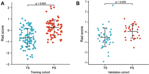 Figure 4 Comparative analysis of Rad-scores in TS and PS groups in the training (A) and validation (B) cohort.