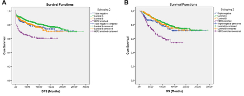 Figure 3 Survival curve of DFS (A) and OS (B) for TNBC, Luminal A, Luminal B, and HER2-enriched subgroups producing subtype 2 using the Kaplan–Meier method.