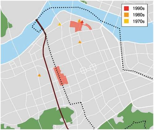 Figure 7. Shopping districts and department stores opening from the 1970s to the 1990s. Triangles indicate department stores including two which no longer exist today because of financial problems and structural collapse. With the development of Gangnam as a space of consumption, department stores and shopping malls were constructed at a rapid pace but were structurally and financially unstable.