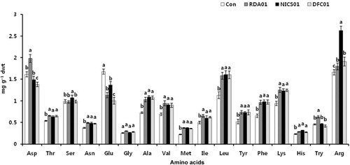 Figure 6. Penicillium spp. RDA01, NICS01, and DFC01 induce a change in amino acids in sesame plants.