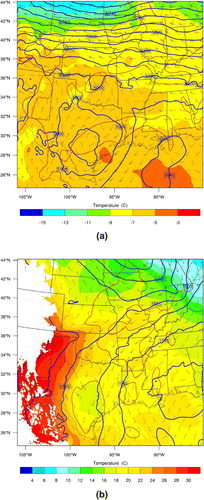 Figure 3. Geopotential height (blue solid contours every 20 gpm), temperature (shaded contours), relative humidity (red line, greater than 60% is shown in 500 hPa, and greater than 80% is shown in 850 hPa) and wind (in knots) at 0000 UTC 9 June 2010 at (a) 500 hPa and (b) 850 hPa. Non-colour areas indicate the 850 hPa surface was underground.
