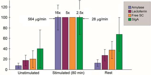 Fig. 4 Secretion rates (µg/min/gland) of amylase, lactoferrin, free secretory component (SC), and secretory IgA (SIgA) in parotid fluid obtained before (unstimulated), during (stimulated), and after (rest) 80 min of acid gustatory stimulation of the secretion. Maximum average secretion rate in five subjects is for each component given as 100% on the vertical axis. Free SC and lactoferrin were undetectable in some stimulated samples, and data for these components are based on only four or three samples, respectively. Absolute figures (µg/min) and standard deviations (vertical lines) are therefore not indicated for the corresponding group maxima, while the average response for each component is indicated above the columns. Adapted from Brandtzaeg (Citation39).