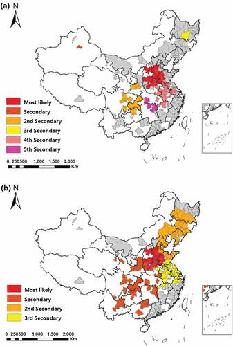 Figure 3. The spatial and spatiotemporal clusters of PM2.5 in China, 2015–2019. (a) The spatial clusters of PM2.5. (b) The spatiotemporal clusters of PM2.5.