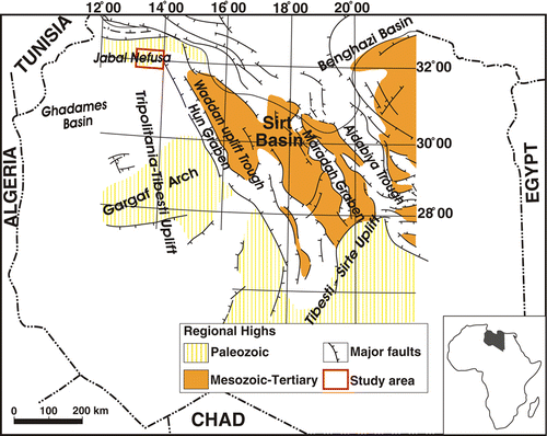 Figure 1.  The study area, overlain on the tectonic map of Libya, modified from Rusk (Citation2001).