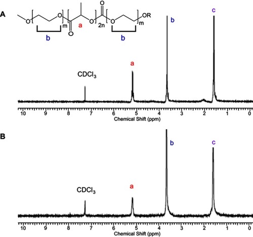 Figure S1 1H NMR spectrum of (A) PEG-PLA-PEG (2K-10K-2K, R=-CH3) and (B) functional PEG-PLA-PEG (5K-10K-5K, R= -H). CDCl3 was used as solvent.Abbreviation: PEG-PLA-PEG, poly(ethylene glycol)-poly(lactic acid)-poly(ethylene glycol)