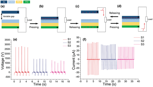 Figure 24. (a – d) illustration of the operating principle of patterned PDMS-based TENGs. An alternating current is generated under periodic contact and separation. (e, f) output performance of the TENGs with a gap of 1 mm and frequency of 1 Hz (Tantraviwat et al. Citation2020). Reprinted with permission from (Tantraviwat et al. Citation2020); copyright 2020 Elsevier.