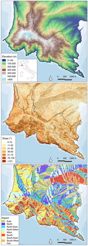 Figure 1. Digital elevation model (5 m × 5 m resolution) of the promontory with elevation, slope and aspect maps of Portofino Park (the dashed line shows the boundary of the Protected Area).