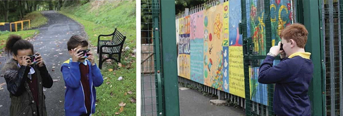 Figure 3. Children in Belfast, the capital and largest city of Northern Ireland, using photography for communicating ‘healthy routes to school’ as part of an action research project that led to the adoption at city level of an action plan for child-friendly places. Published in Monaghan (Citation2019). Engagement of children in developing healthy and child-friendly places in Belfast. Cities & health, 3(1-2), 29-39. Copyright ©Jonna Monaghan and Belfast healthy Cities, reprinted by permission.