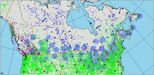 Fig. 4 Datasets used for evaluating the added value of the BC Forest network (purple dots, stations withheld for verification; black dots, stations belonging to the BC Forest network), evaluating the added value of radar data (white circles for the stations, blue circles for the radar footprint), and evaluating the added value of increasing the horizontal resolution of the analysis from 10 km to 2.5 km (red dots). Green dots correspond to the location of the remaining stations assimilated by CaPA.