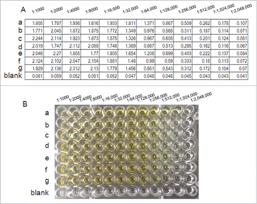 Figure 4. Antibody titer was determined for the prepared antisera according to the indirect ELISA method. Test results about anti-r-Pven antibody titers (A) and the corresponding reactivity color of anti-r-Pven antibody (B).
