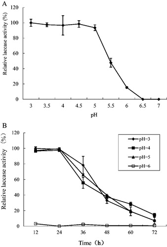 Figure 2. pH optimum (A) and pH stability (B) of laccase from Trametes sp. MA-X01.