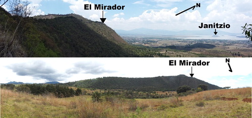 Figure 1. Up shows perspective view from the eastern scarp of El Estribo, Pátzcuaro Lake and the island of Janitzio (scoria cone). Down shows El Estribo cinder cone as seen from south (photographs of Gemma Gómez-Castillo).