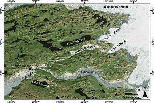 Figure 1. Map of the Kangerlussuaq area (based on ESRI world imagery)