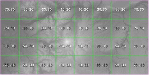 Figure 2. Digital elevation model for the Mount Hood hazard region, divided into 20 × 20 km tiles.