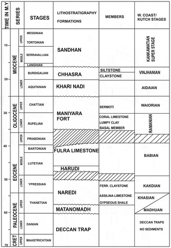 Figure 3. Lithostratigraphic classification and regional chronostratigraphic units of the Cenozoic succession of Kutch (after Biswas, Citation1992).