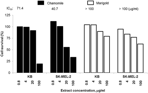 Figure 1. Cytotoxic effect of German chamomile and pot marigold extracts on human SK-MEL-2 melanoma and KB oral epidermoid carcinoma cells.