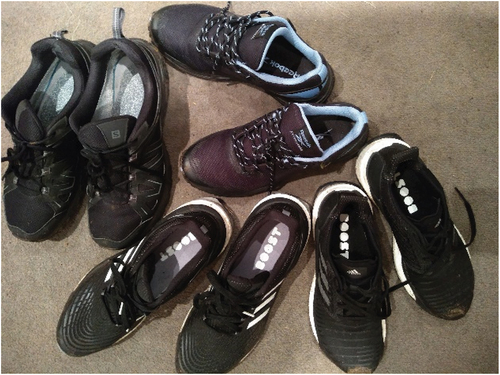 Image 1. ‘It’s all bit samey!’ – an image capturing similar footwear depicts the repetition of activities during the pandemic (Photograph taken by Howden (Citation2020), published in Howden et al. (Citation2021).