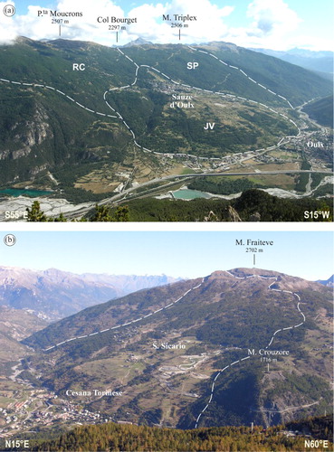 Figure 2. (a) The composite DSGSD of Sauze d’Oulx in the Susa Valley. Jv: Jouvenceaux sector; Sp: Sportinia sector; Rc: Richardette sector. The Dora Riparia alluvial plain is visible in the foreground. Photo taken from Monte Pramand (2163 m a.s.l.), view looking SSE. (b) The DSGSD of San Sicario in the Susa Valley. The Dora Riparia River is visible on the left. Photo taken from Punta Rascià (2346 m a.s.l.), view looking NE.