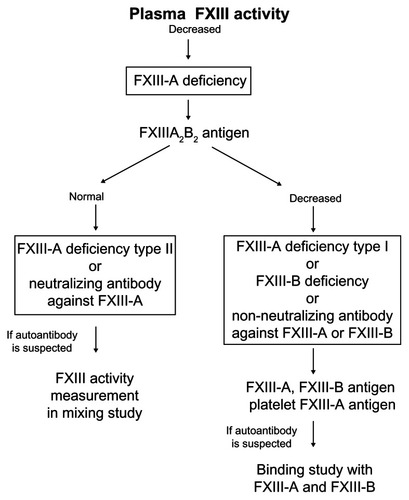 Figure 1 Algorithm for diagnosis and classification of Factor XIII deficiency.Reprinted from Song JW, Choi JR, Song KS, Rhee JH. Plasma factor XIII activity in patients with disseminated intravascular coagulation. Yonsei Med J. 2006;47(2):196–200.