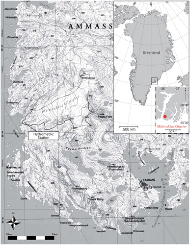 FIGURE 1. Map of Greenland showing the location of the Mittivakkat Glacier, the hydrometric station described in Hasholt and Mernild (Citation2006), and the catchment watershed divide after Mernild et al. (Citation2008) (modified after Greenland Tourism).