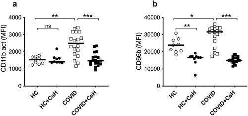 Figure 4. Mitochondrial fMet contributes to neutrophil activation by signalling through FPR1 receptors. Neutrophil activation upon incubation for 2 hours with plasma from HC and COVID-19 patient samples with mild and moderate disease manifestation. Neutrophils were pre-incubated in the presence or absence of FPR1 antagonist Cyclosporine H (CsH) and neutrophil activation markers (a) CD11b and (b) CD66b were assessed by flow cytometry. Data is represented as dot plot graphs indicating the MFI of CD11b and CD66b and bars represent the median. Each symbol represents a single subject. Statistics were performed by Mann-Whitney U test and Wilcoxon test. NS: Non-significant.