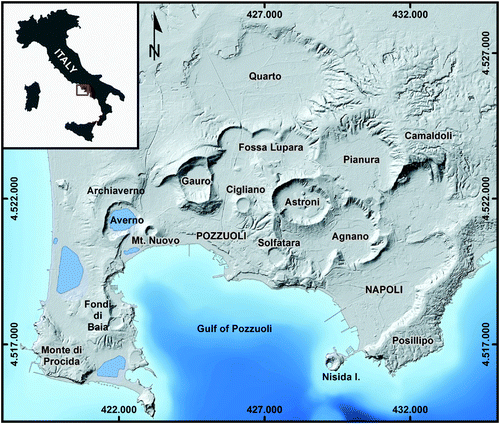 Figure 1. Shaded relief image of the (1 m × 1 m) DTM with location of the main volcanic cone (UTM WGS84 projection, distance in m).