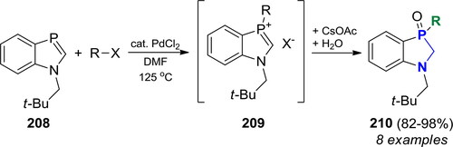 Scheme 124. Pd-catalyzed P-arylation of N-neopentyl-1,3-benzazaphosphole.[Citation75,Citation404] Products and yields are listed in Table S32.