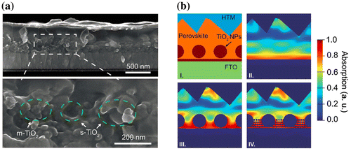 Figure 6. (a) Cross-sectional scanning electron microscopy (SEM) image of perovskite solar cells with incorporated mesoporous (m-TiO2) and sub-micron TiO2 (s-TiO2) as scaffold layer. (b) finite-difference time-domain (FDTD) simulation model (I) and (II–IV) correspondingly simulated absorption profiles (at wavelength of 600 nm) for structured perovskite devices embedded with the m-TiO2, s-TiO2 and m&s-TiO2, respectively. Adapted with permission from Yin et al., RSC Advances 2016;6:24596. © 2016 Royal Society of Chemistry.