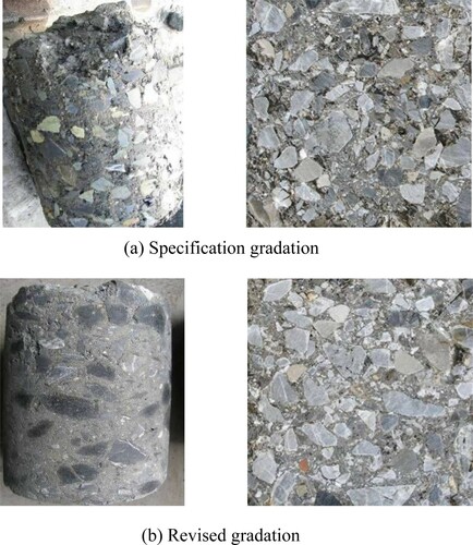 Figure 12. Base course cores. (a) Specification gradation. (b) Revised gradation.