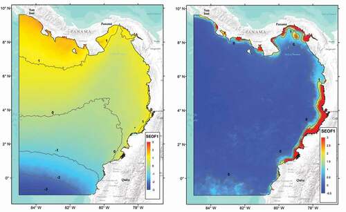 Figure 7. First standardized empirical orthogonal Function (SEOF1) for the average annual, generated from an analysis of the Orthogonal Empirical Function of Sea Surface Temperature (SST) (left panel) and surface Chlorophyll-a (Chl-a) (right panel), of the MODIS-Aqua sensor, time period 2002–2020.