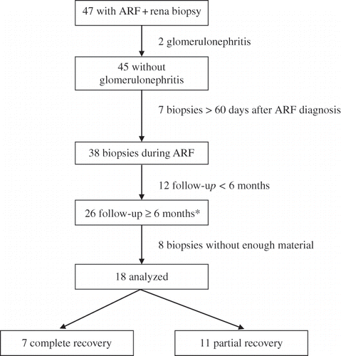 Figure 1. Flow chart of the selection of patients to be studied. *One patient left the follow-up one month after the discharge, returned 8 years later with ESRD, and was also included. Abbreviation: ARF = acute renal failuter.