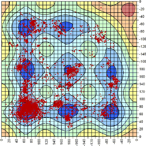 Figure 4 Scatter plot of experimental χ2 and χ2′ values for disulfides from the database of high resolution X-ray structures with χ3 between 85 and 95° superimposed on the 3D-PES slice for χ3 = 90°.