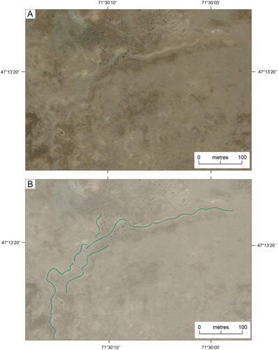 Figure 11. (A) Satellite image (DigitalGlobe 2017; Bing Maps™) from the northern margin of the LC-P lobe and (B) mapped landforms. The image shows a prominent, positive relief, sinuous ridge interpreted as an esker, alongside multiple smaller esker ridges. Ice-flow direction was from left to right.
