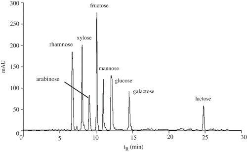FIGURE 1 A typical HPLC-DAD chromatogram of different monosaccharide standards.