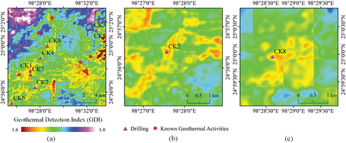 Figure 11. (A) Locations of eight drilling sites and Geothermal Detection Index (GDI) values in the Rehai area; (b) GDI values around Dazhai (CK2); (c) GDI values around Shangqiluo (CK8).