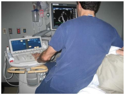 Figure 6 Right-handed cardiac sonographer demonstrating too much arm abduction, reach, trunk bending, and neck flexion.