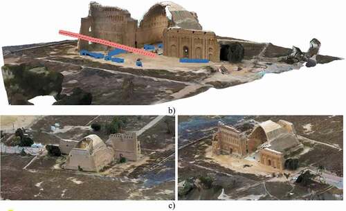 Figure 5. The 3D image-based model of the Taq Kasra site derived from crowdsourced drone videos. a) Image matching samples. (left) Matching between the drone video frame and ground frame. (right) Image matching between two challenging views. b) the oriented images taken from the crowdsource drone (red) and ground-based videos (blue). c) Final reality-scaled 3D model